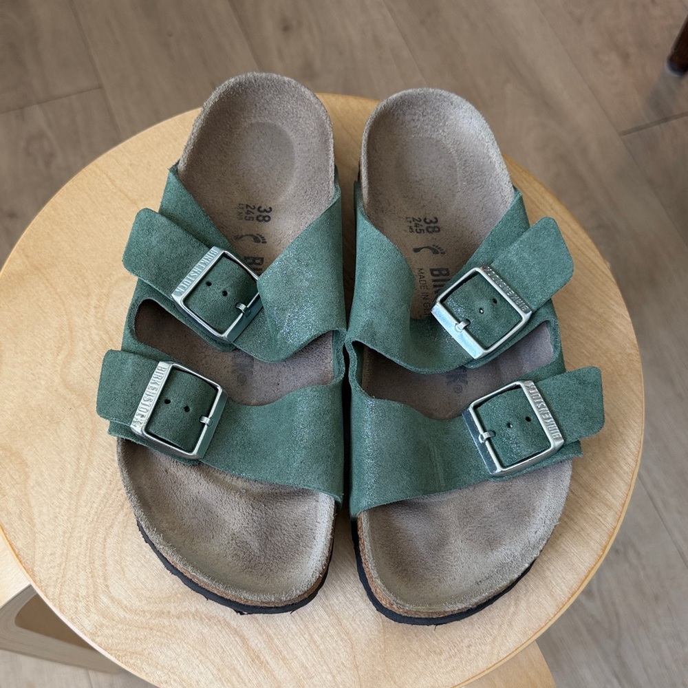 Birkenstock Arizona Suede Double Buckle Sandals in Sage Green - Picture 5 of 6